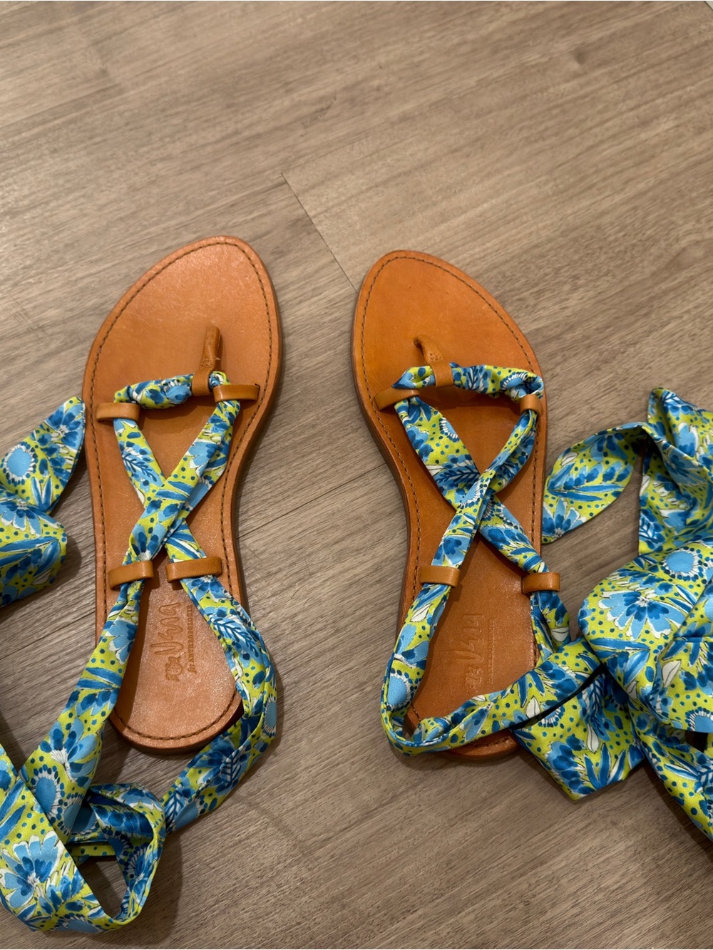 Anthropologie Floral Wrap Sandals in Blue & Yellow with Tan Footbed